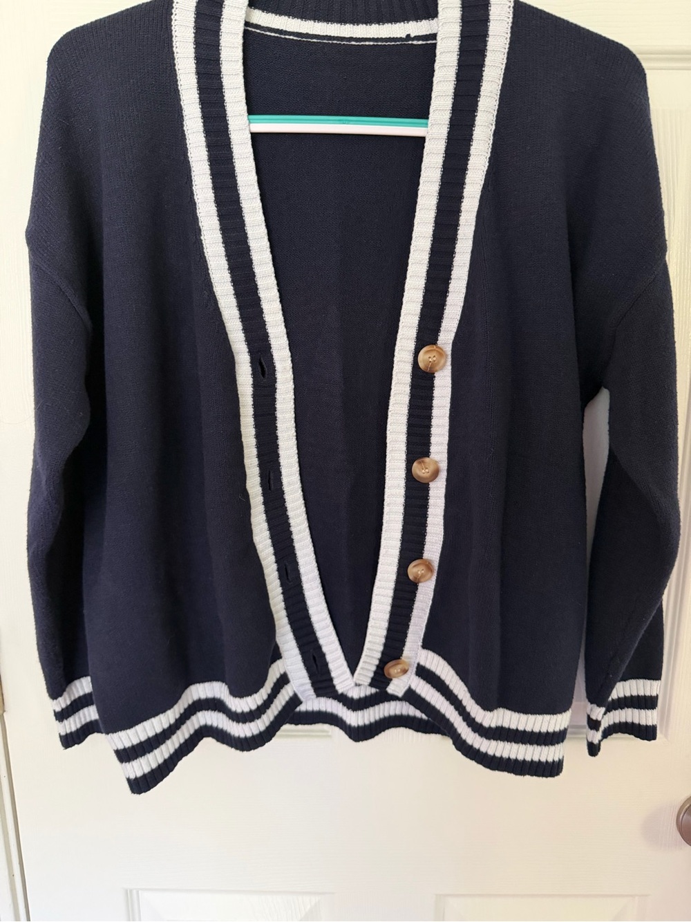 Women's Navy Cardigan with White Stripe Trim